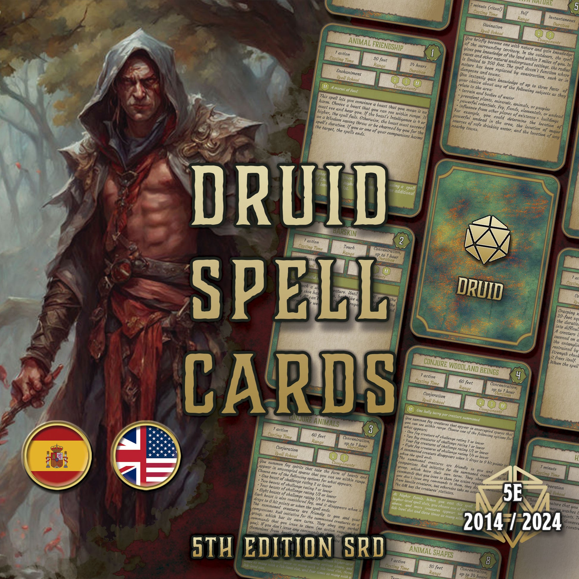 Cartas de Conjuros DnD 5E Druida (2014 & 2024) - Imprimible Digital