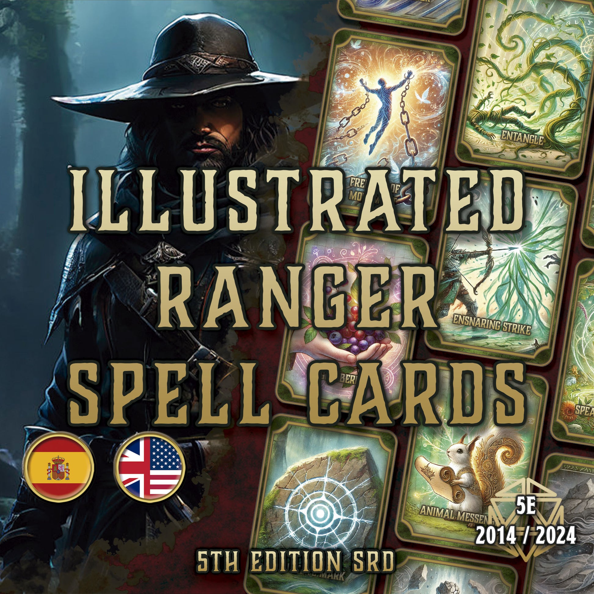 Cartas Ilustradas de Conjuros DnD 5E Explorador (2014 & 2024) - Imprimible Digital