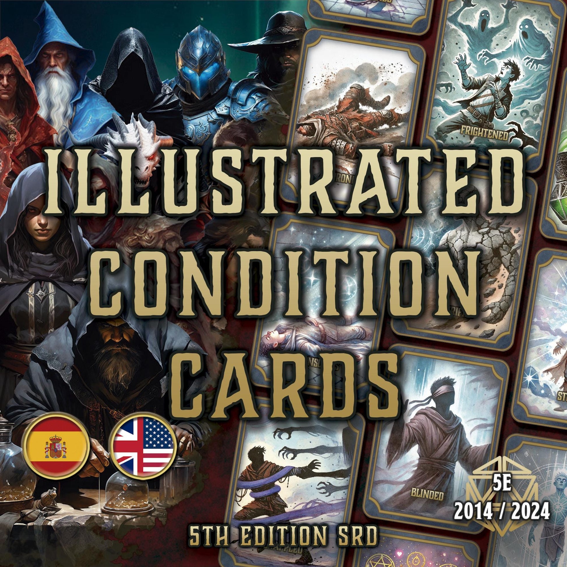 Cartas Ilustradas de Condiciones DnD 5E (2014 & 2024) - Imprimible Digital