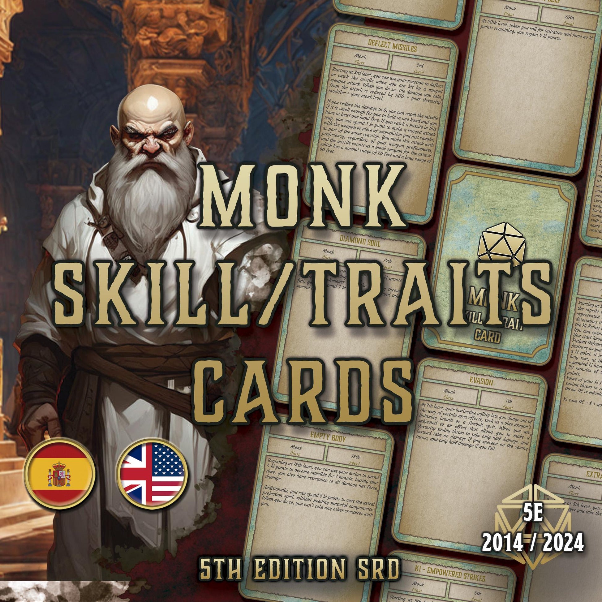 Cartas de Rasgos & Habilidades DnD 5E Monje (2014 & 2024) - Imprimible Digital