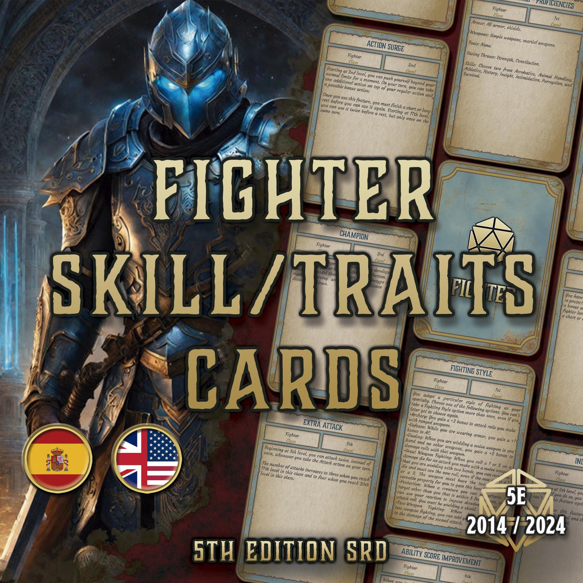 Cartas de Rasgos & Habilidades DnD 5E Guerrero (2014 & 2024) - Imprimible Digital
