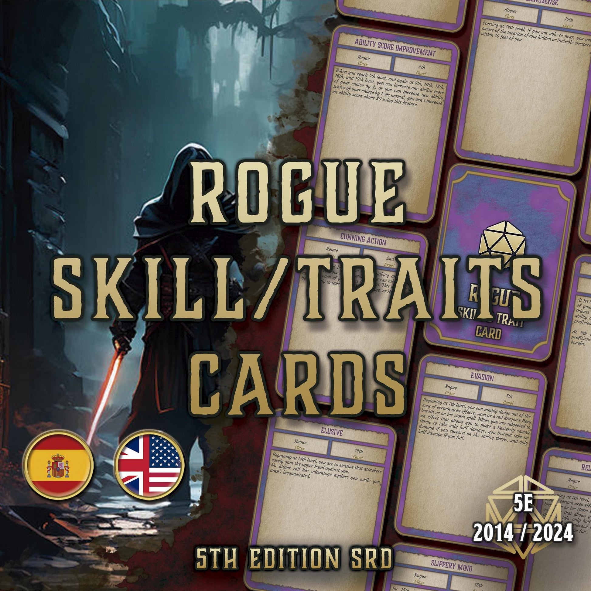 Cartas de Rasgos & Habilidades DnD 5E Pícaro (2014 & 2024) - Imprimible Digital