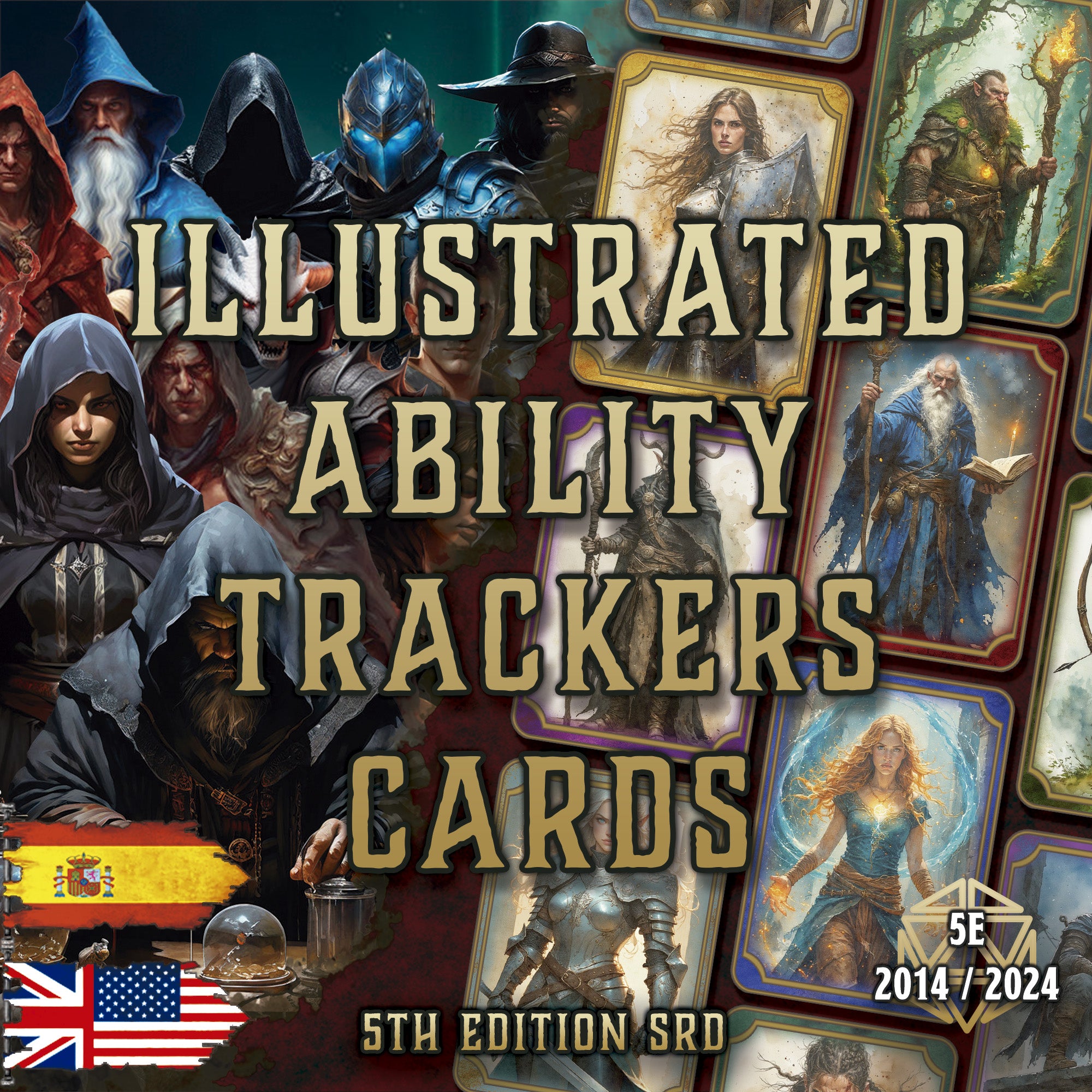 Tarjetas ilustradas de seguimiento de habilidades para juegos de rol 5ta edición, diseñadas por Cibola Designs
