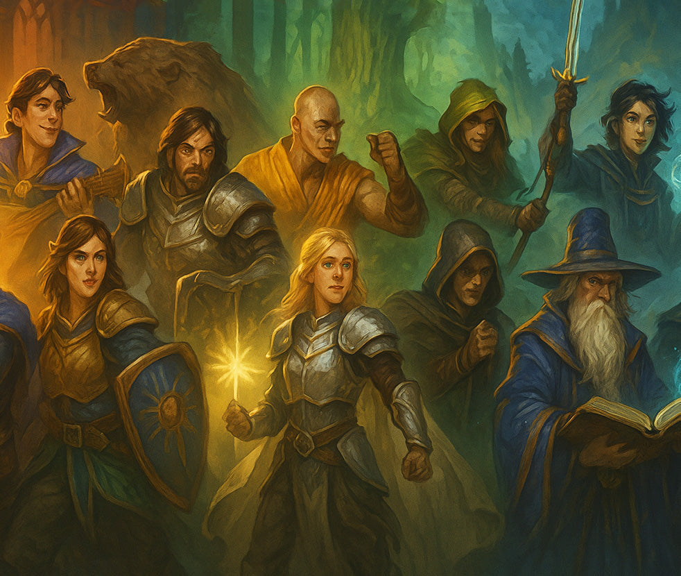 Grupo de personajes aventureros de Dungeons Dragons con armaduras, magos y guerreros en un bosque sombrio