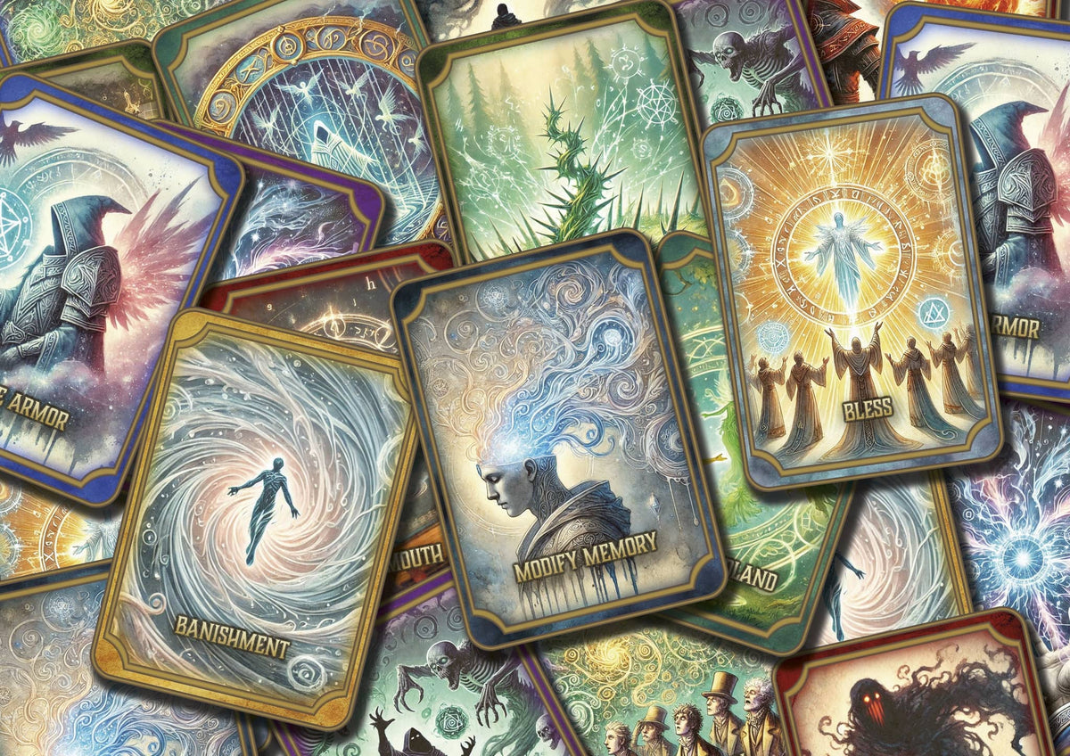 Cartas de conjuros D&D 5E con ilustraciones de magia y efectos especiales