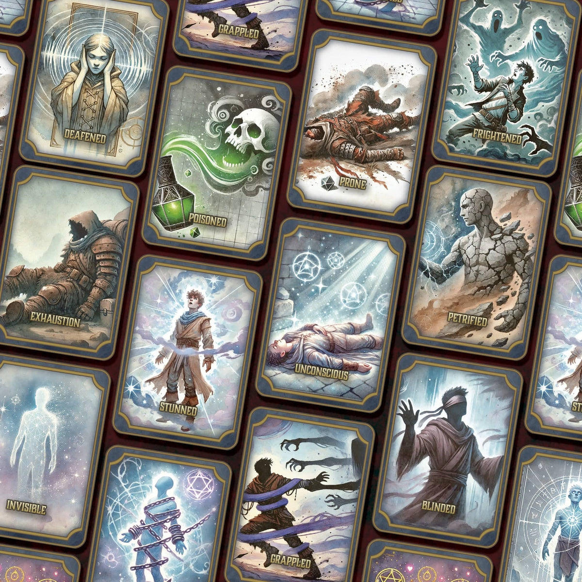 Tarjetas de condiciones D&D 5E mostrando cegado, aturdido, y otras condiciones del juego
