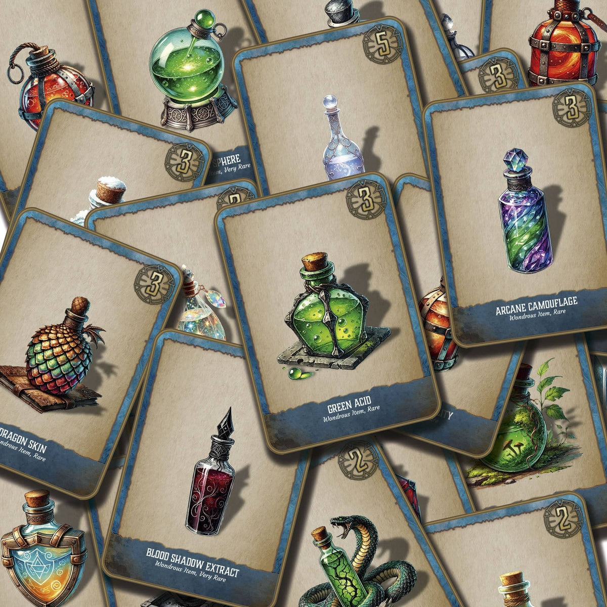 Cartas de pociones y ingredientes de alquimia D&D 5E con ilustraciones detalladas