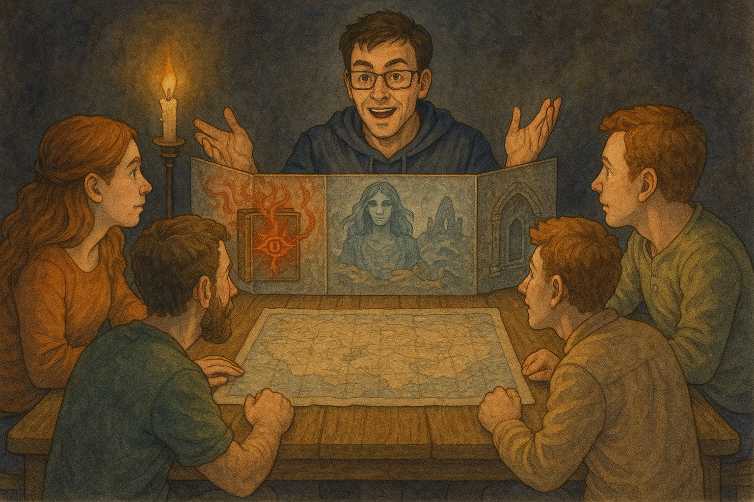 Grupo de cinco personas jugando DnD alrededor de una mesa con paquetes imprimibles DnD para principiantes
