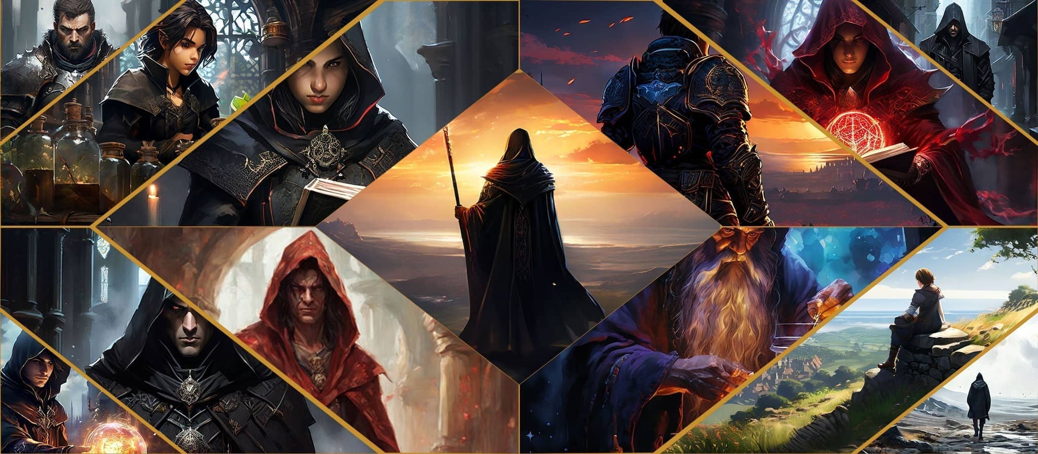 Imágenes de personajes y escenarios de un sistema homebrew con origenes aspiraciones D&D 5E
