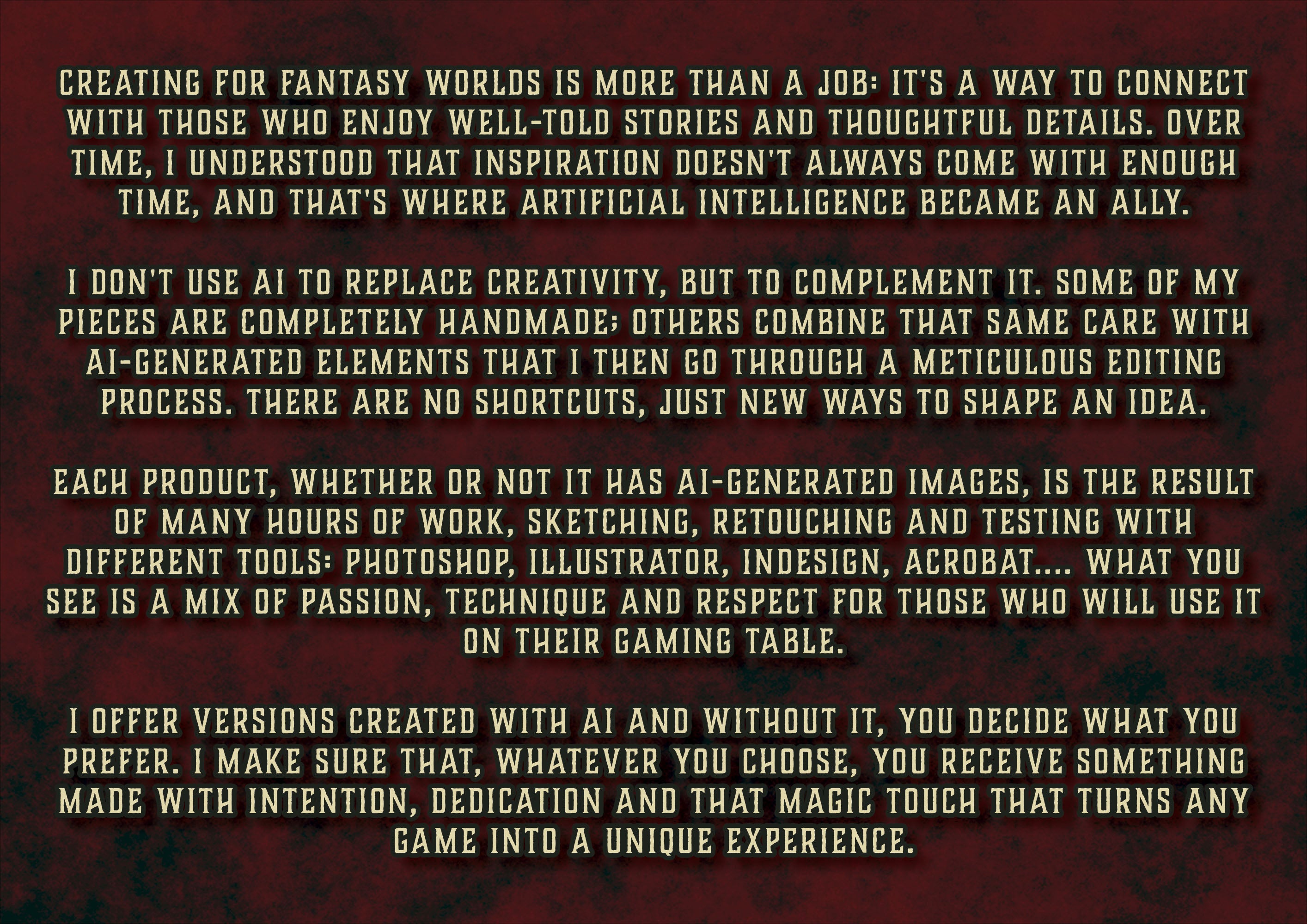 Texto promocional de producto digital de Cibola Designs sobre creatividad IA y magia para mundos de fantasia