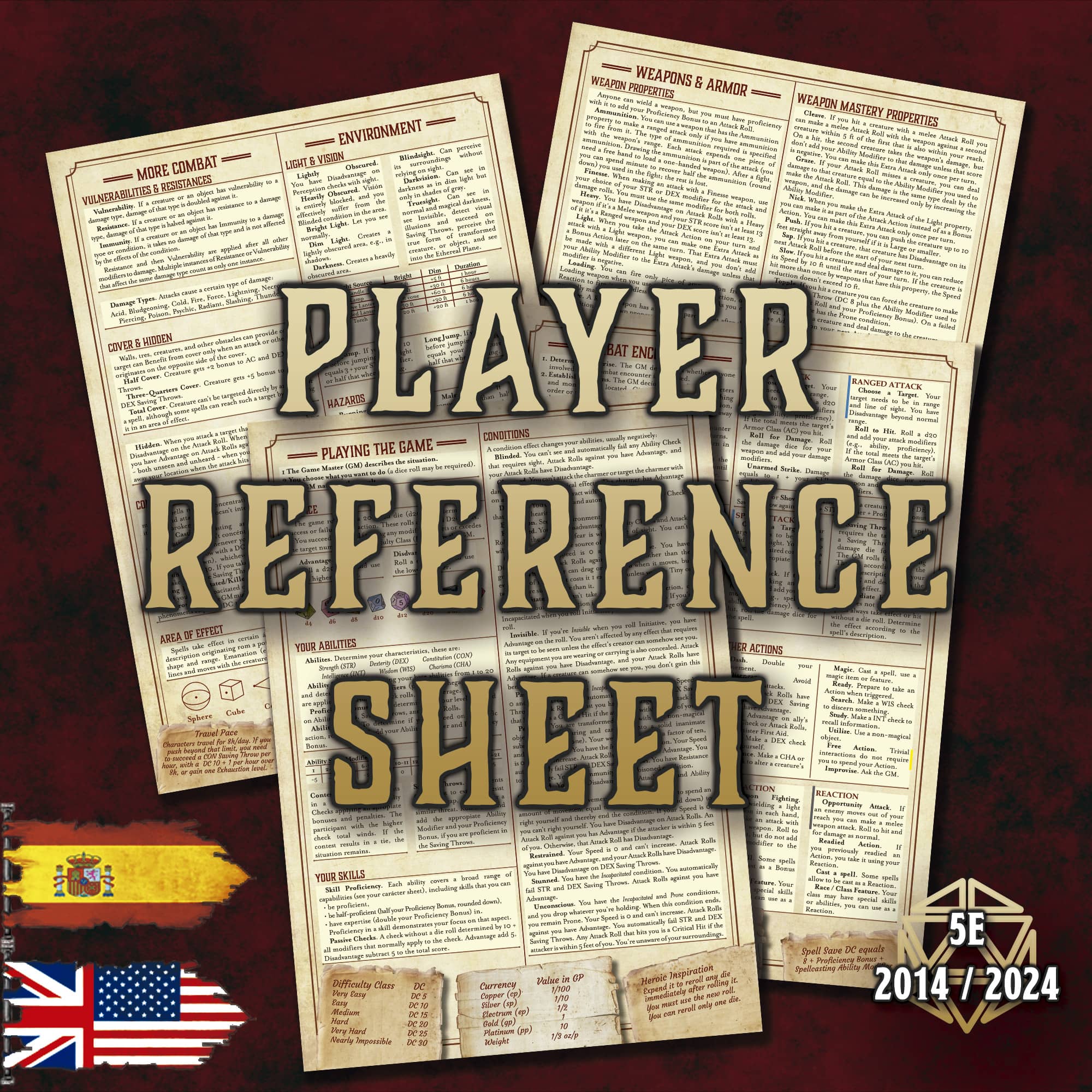 D&D 5E Player Reference Sheets (2014 & 2024) | Digital Download