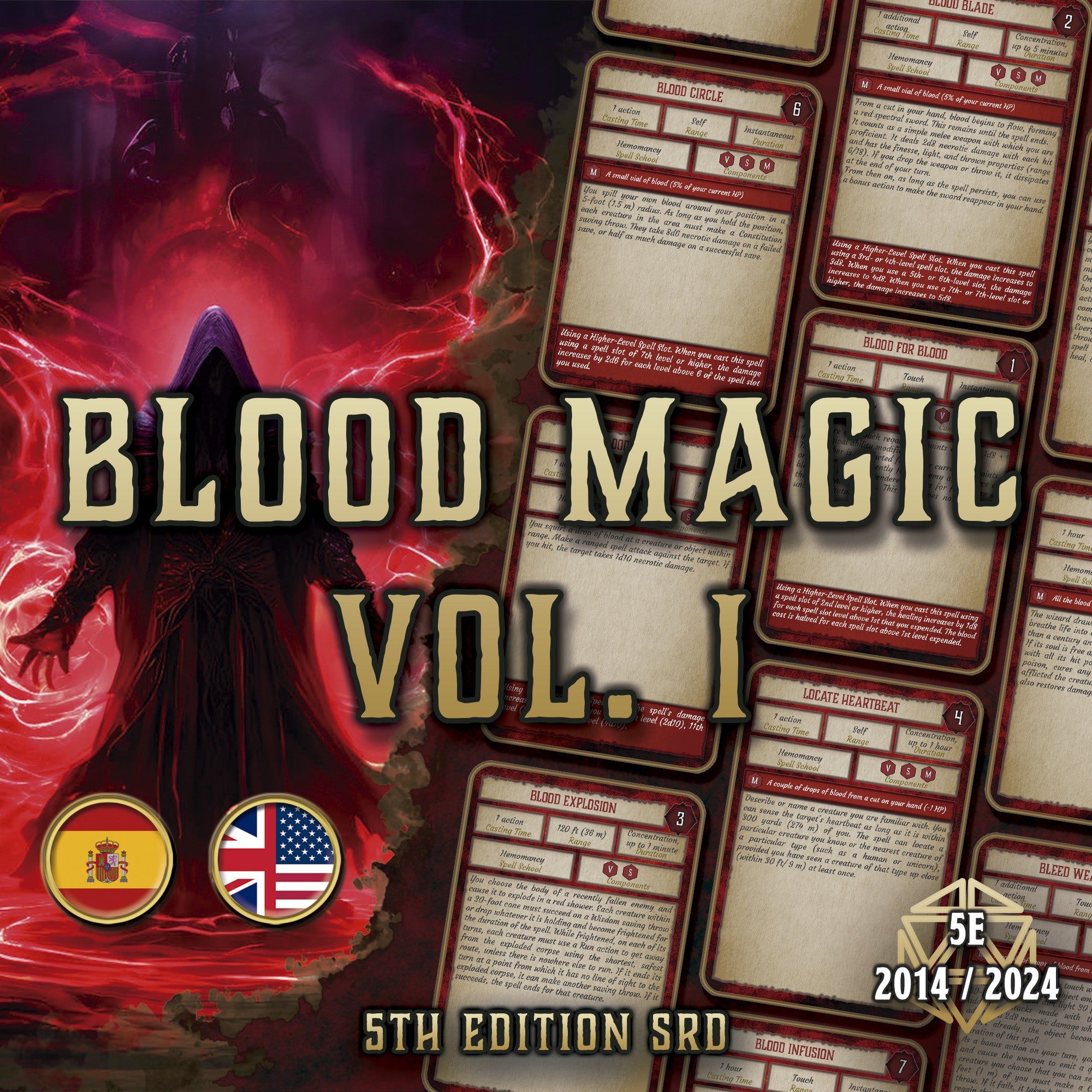 Portada producto digital Blood Magic Vol 1 de Cibola Designs mostrando hojas de reglas de magia para 5a edicion SRD