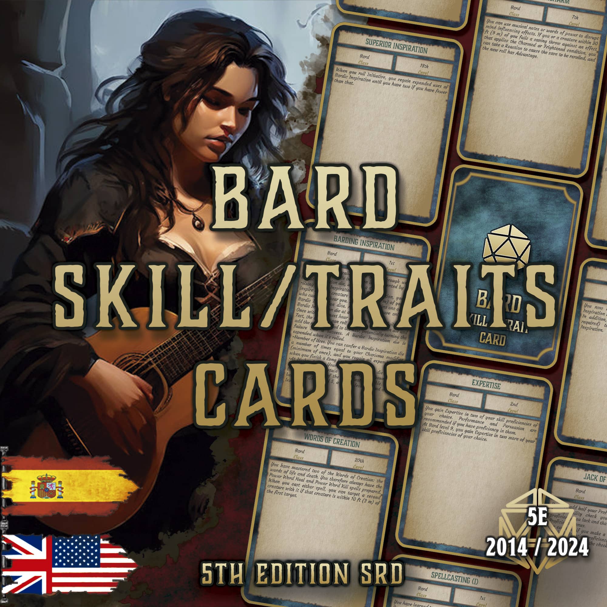 D&D 5E Bard Skill & Traits Cards (2014 & 2024) | Digital Download