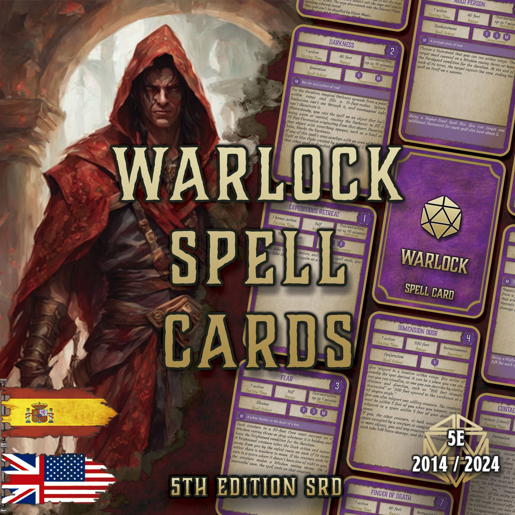 Cartas de Conjuros de Brujo D&D 5E (2014 y 2024) | Descarga Digital