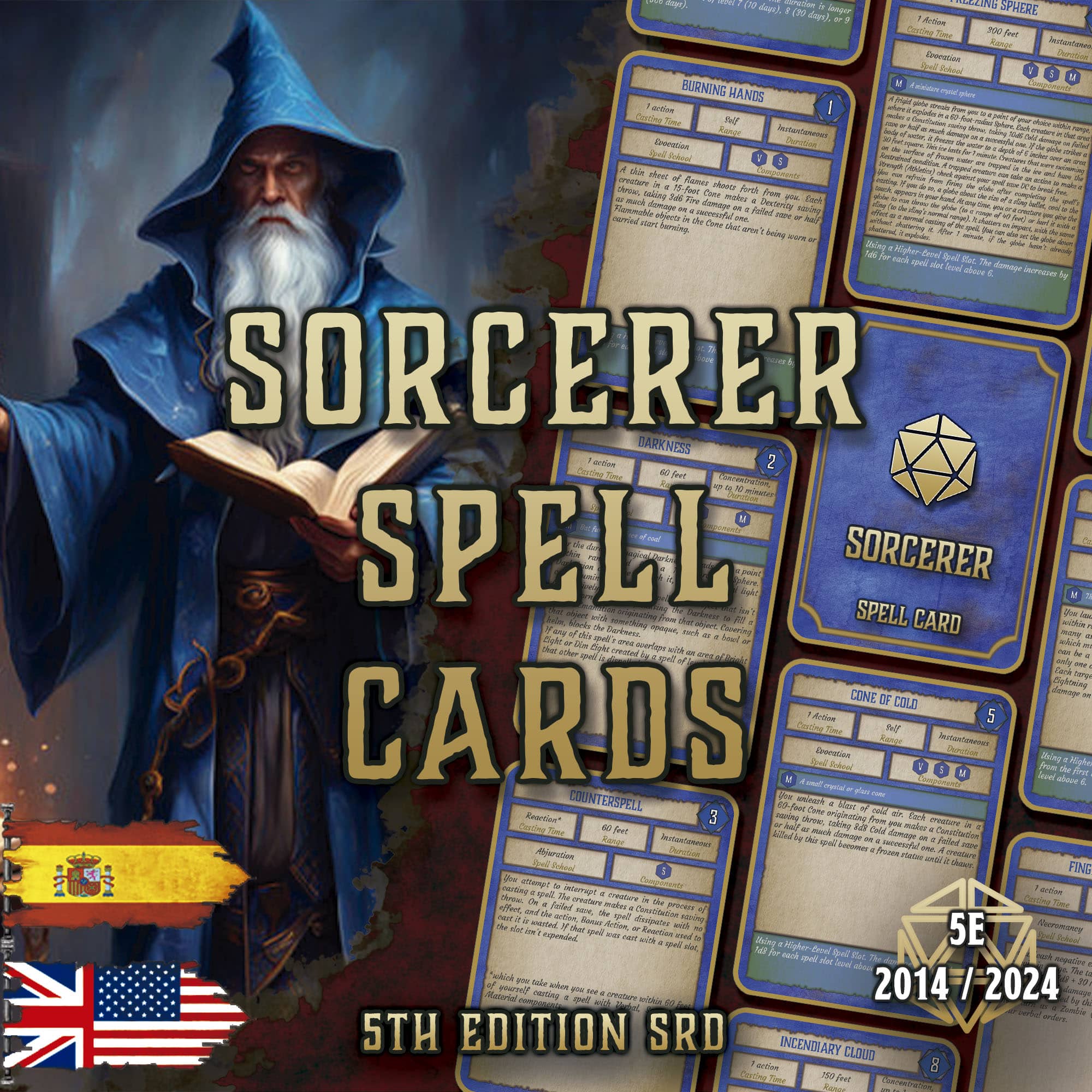 Cartas de Conjuros de Hechicero D&D 5E (2014 y 2024) | Descarga Digital
