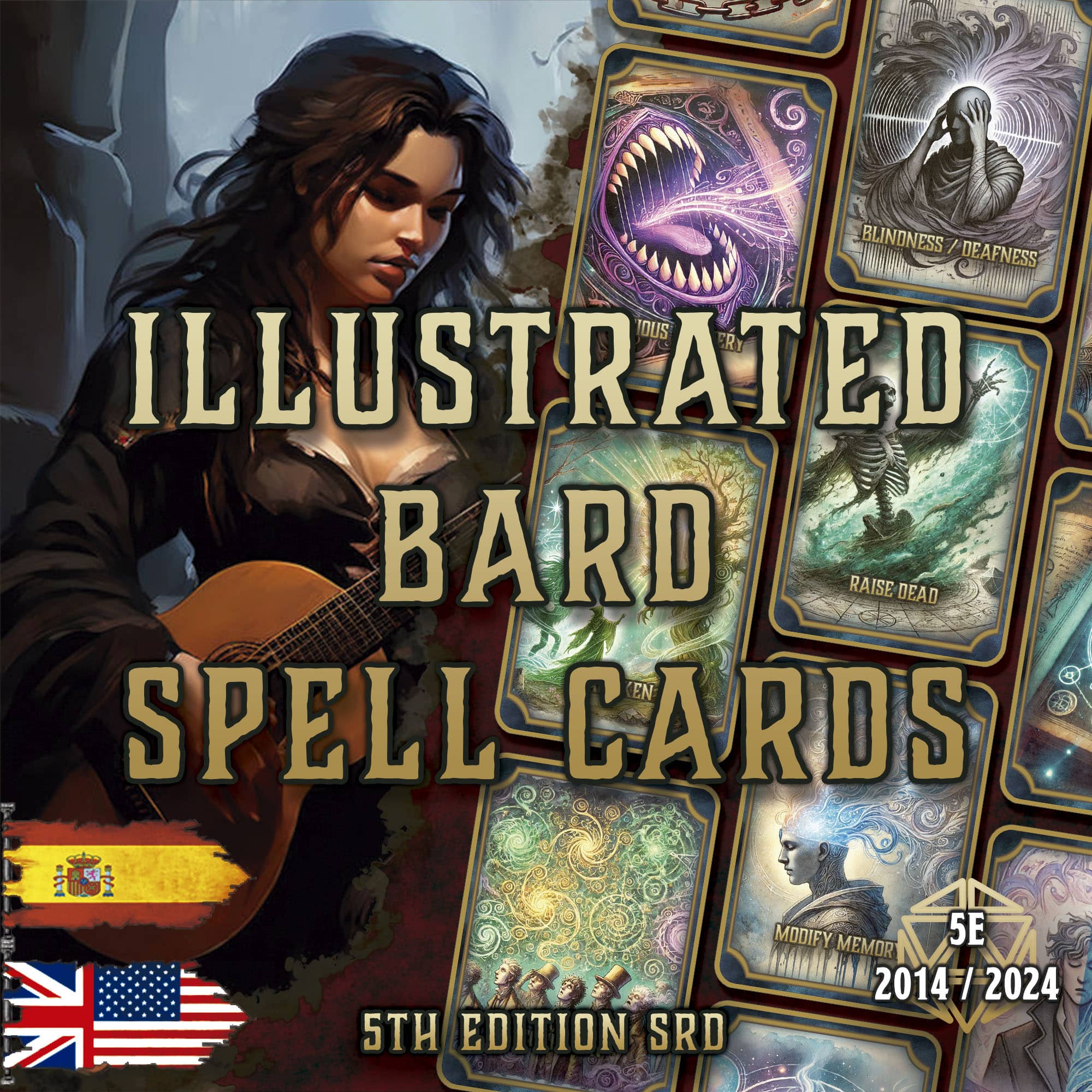 Cartas Ilustradas de Conjuros de Bardo D&D 5E (2014 y 2024) | Descarga Digital