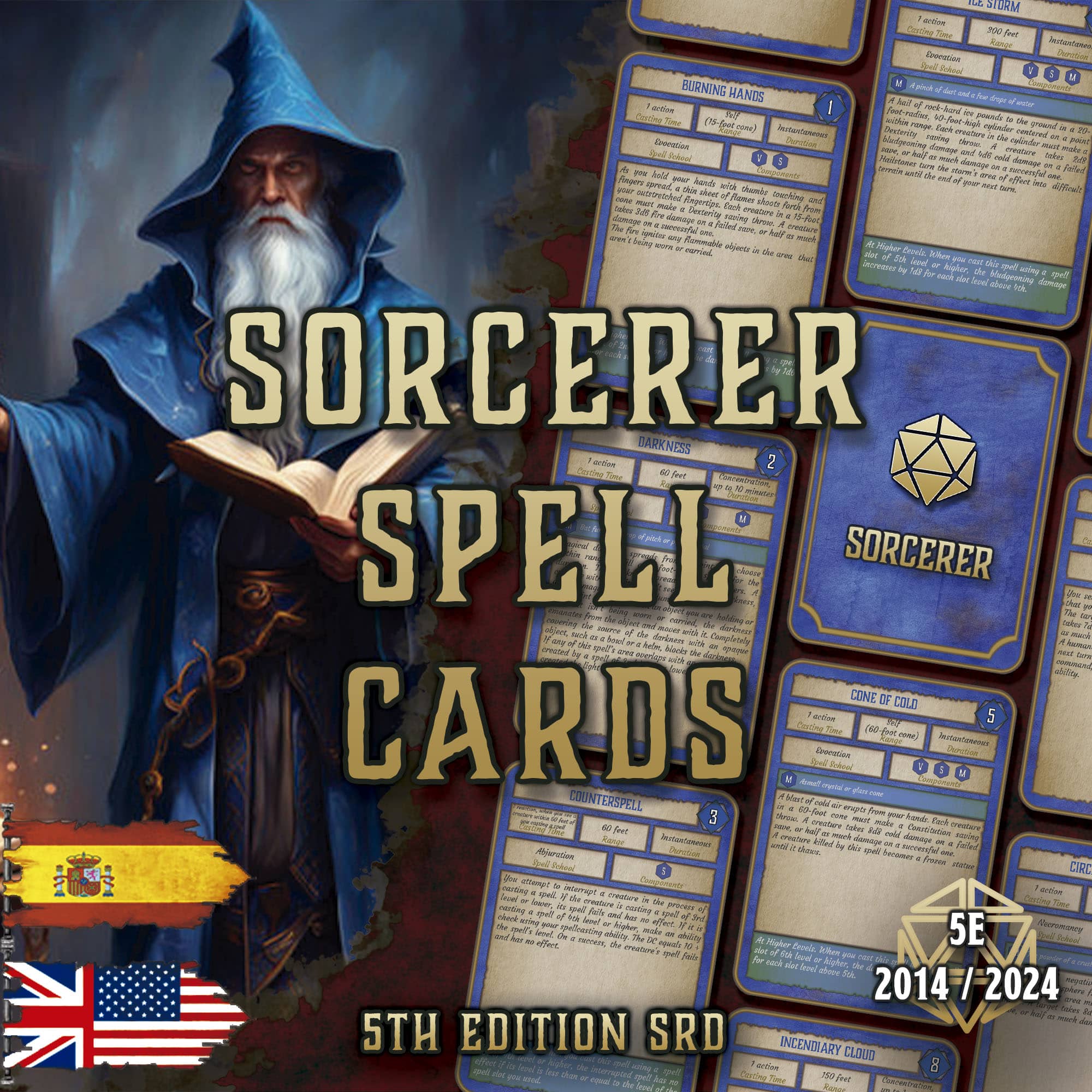 D&D 5E Sorcerer Spell Cards (2014 & 2024) | Digital Download