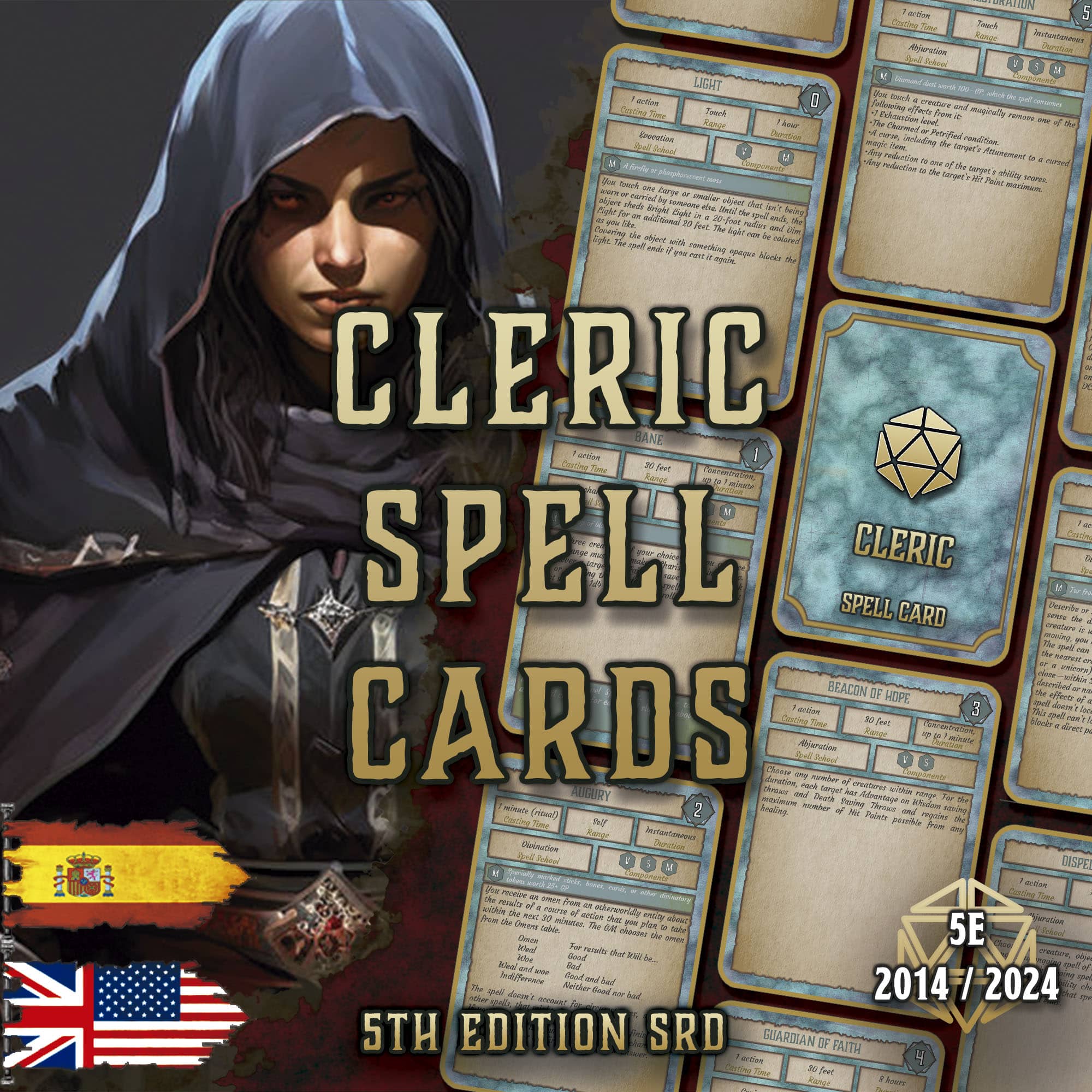 D&D 5E Cleric Spell Cards (2014 & 2024) | Digital Download