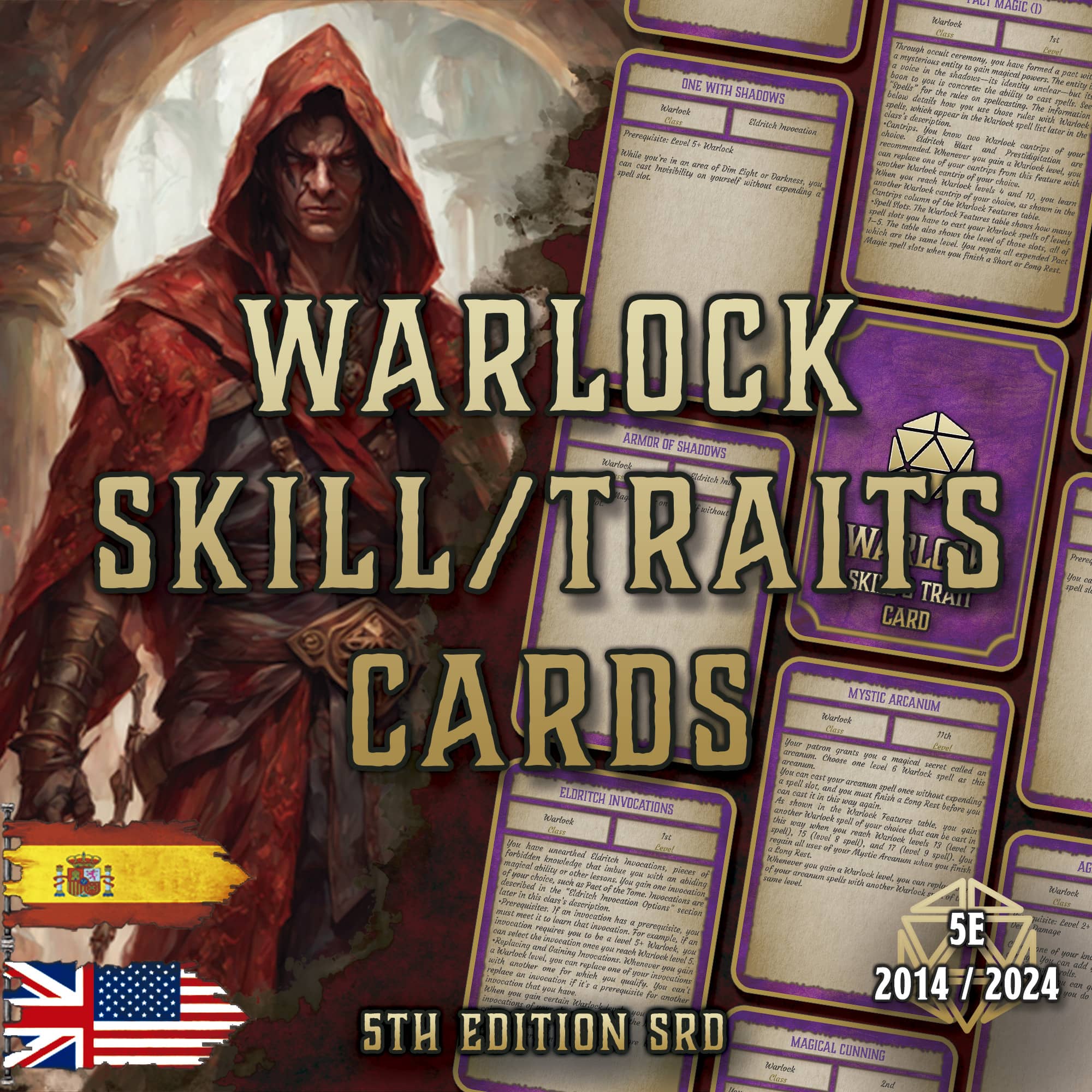 D&D 5E Warlock Skill & Traits Cards (2014 & 2024) | Digital Download