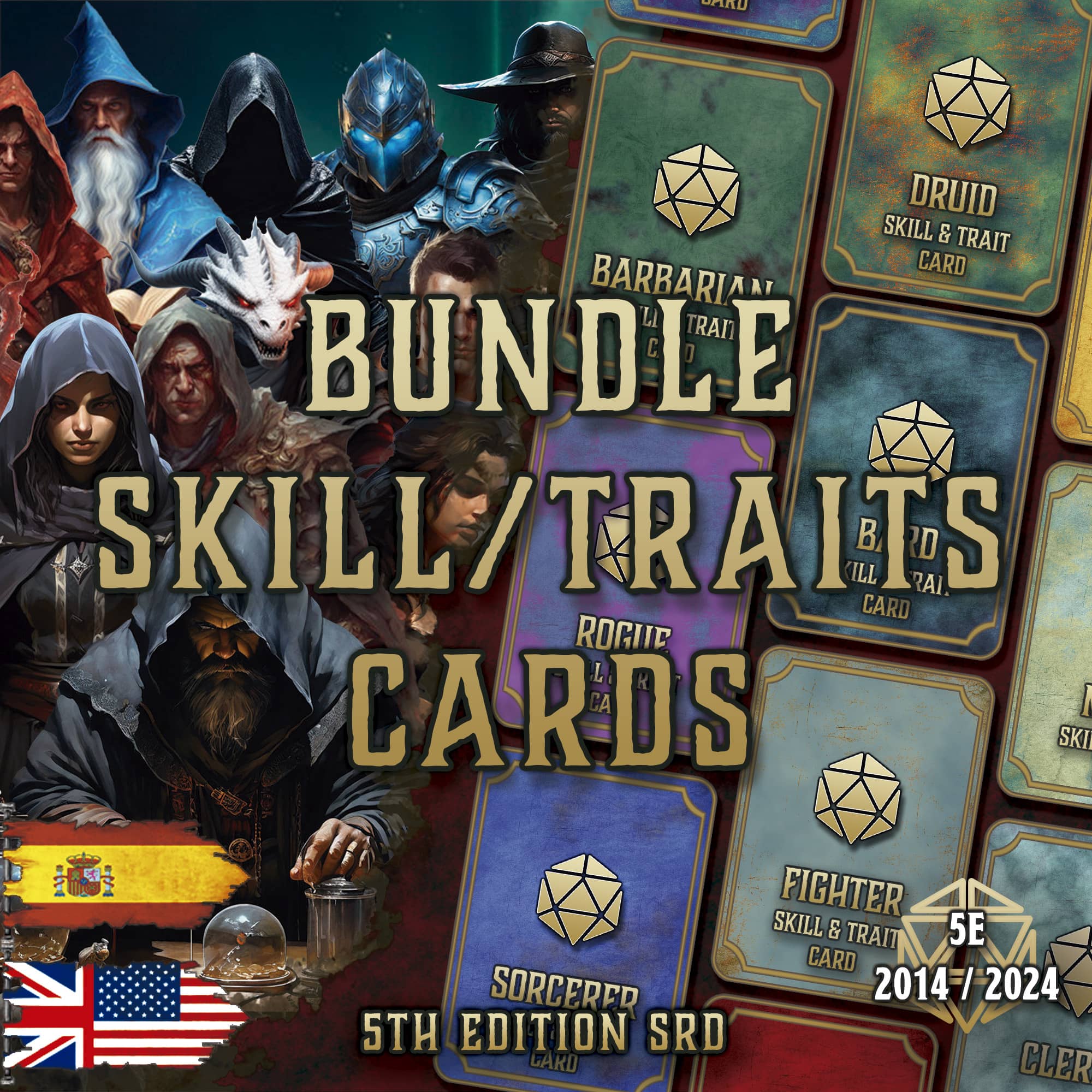 D&D 5E Skill & Traits Cards Bundle (2014 & 2024) | Digital Download