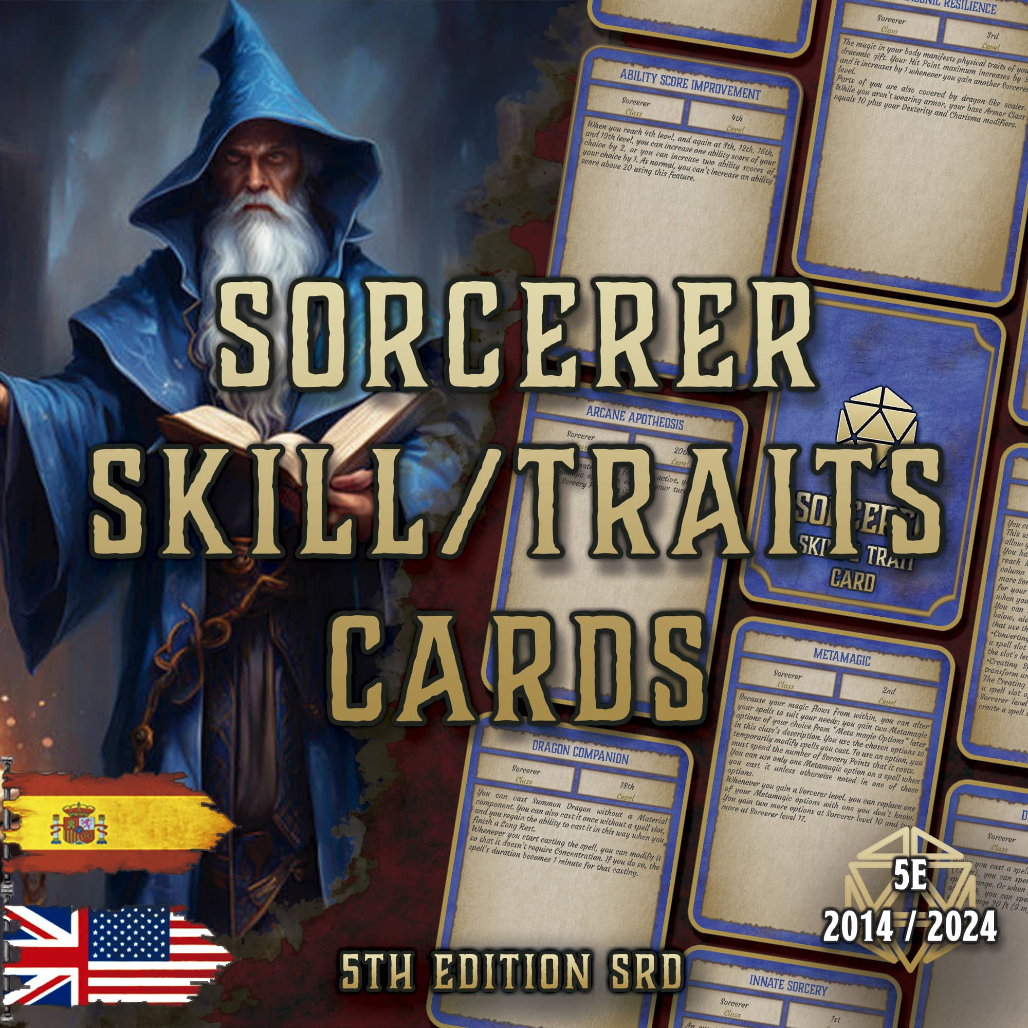 D&D 5E Sorcerer Skill & Traits Cards (2014 & 2024) | Digital Download