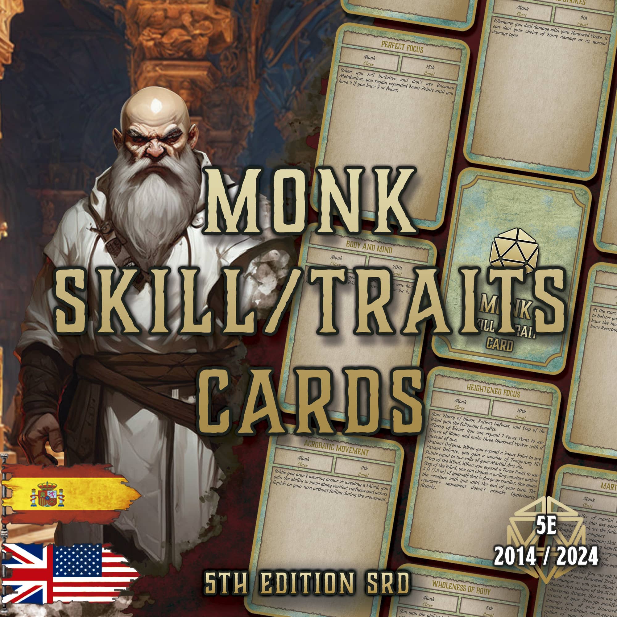 Cartas de Rasgos y Habilidades del Monje D&D 5E (2014 y 2024) | Descarga Digital