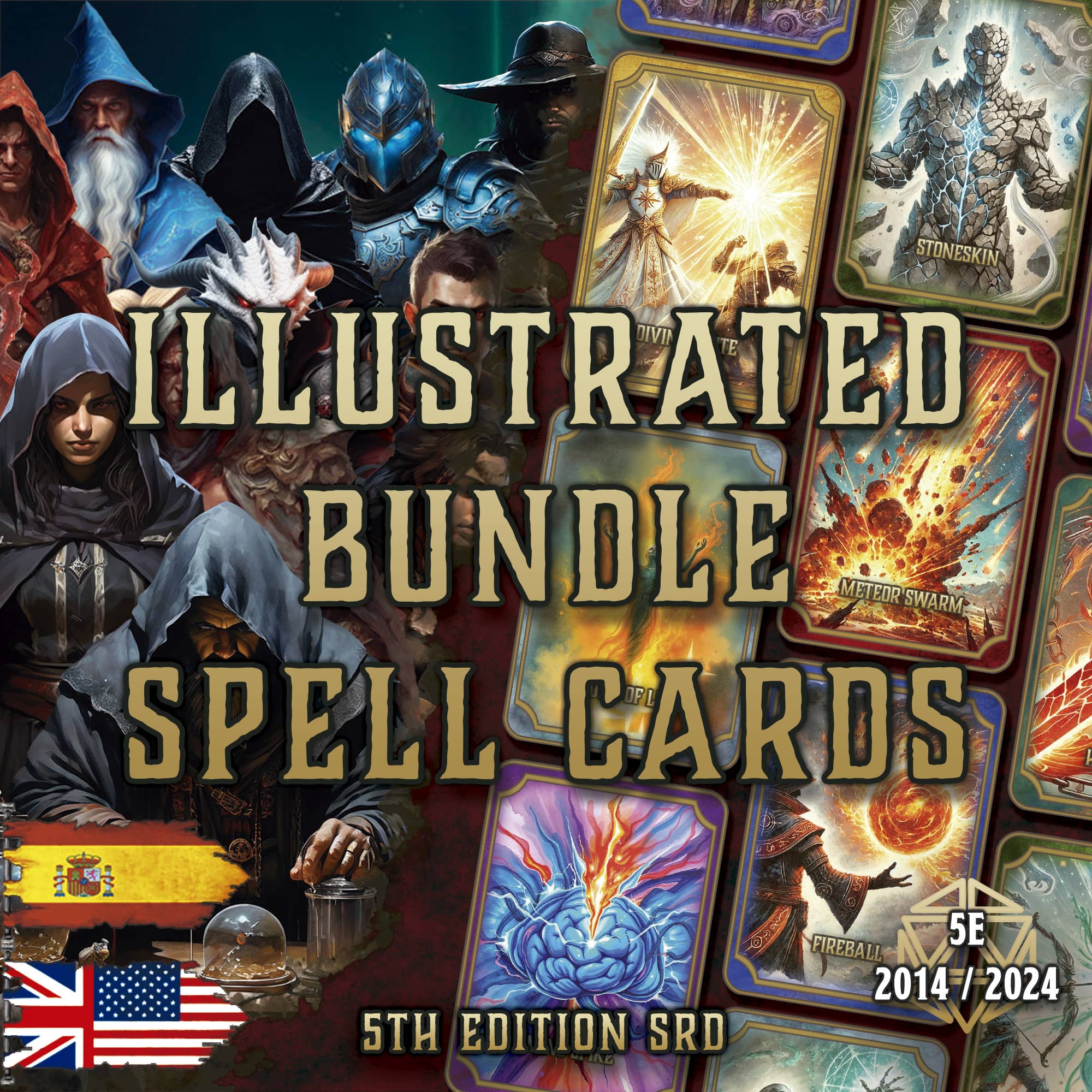 D&D 5E Illustrated Spell Cards Bundle (2014 & 2024) | Digital Download