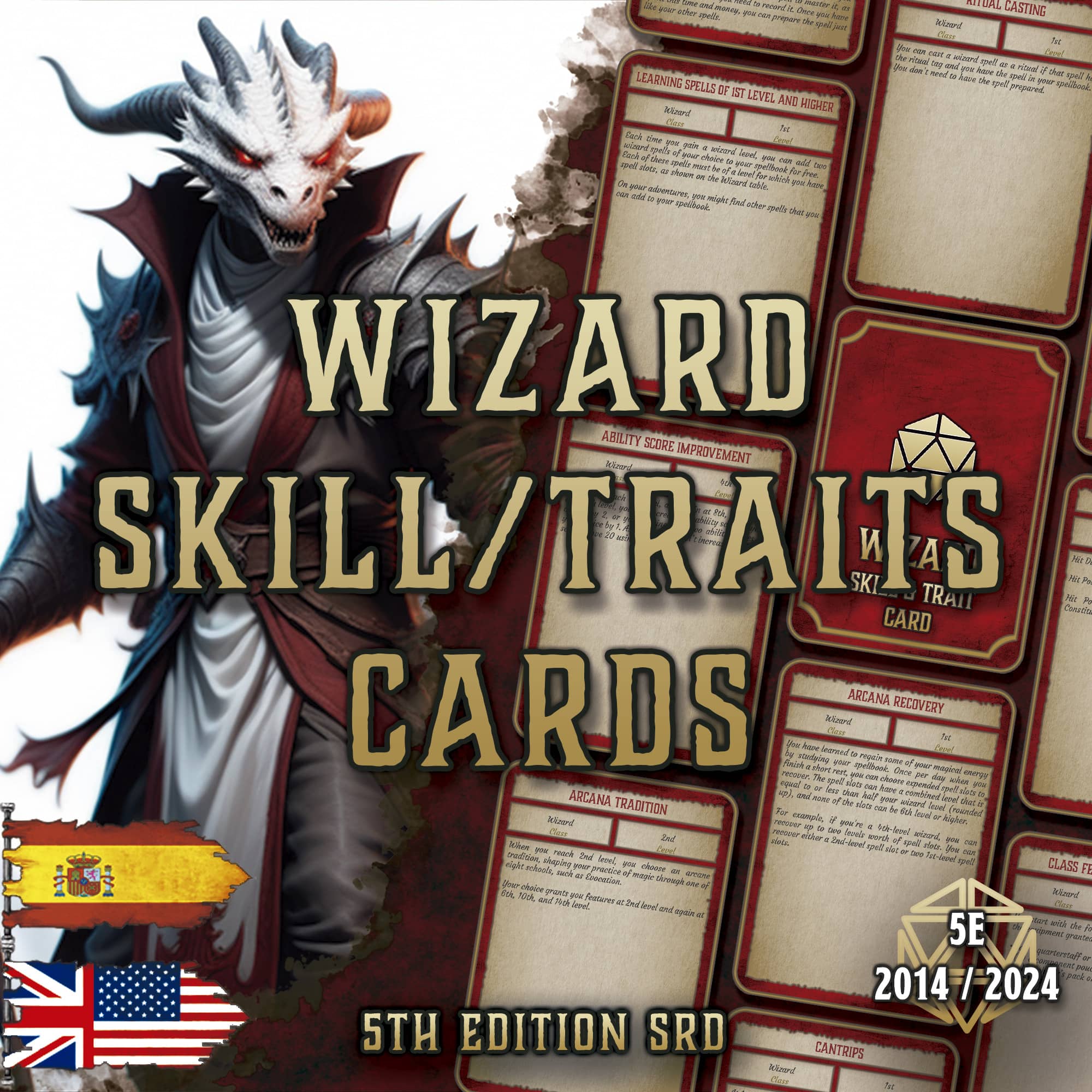D&D 5E Wizard Skill & Traits Cards (2014 & 2024) | Digital Download