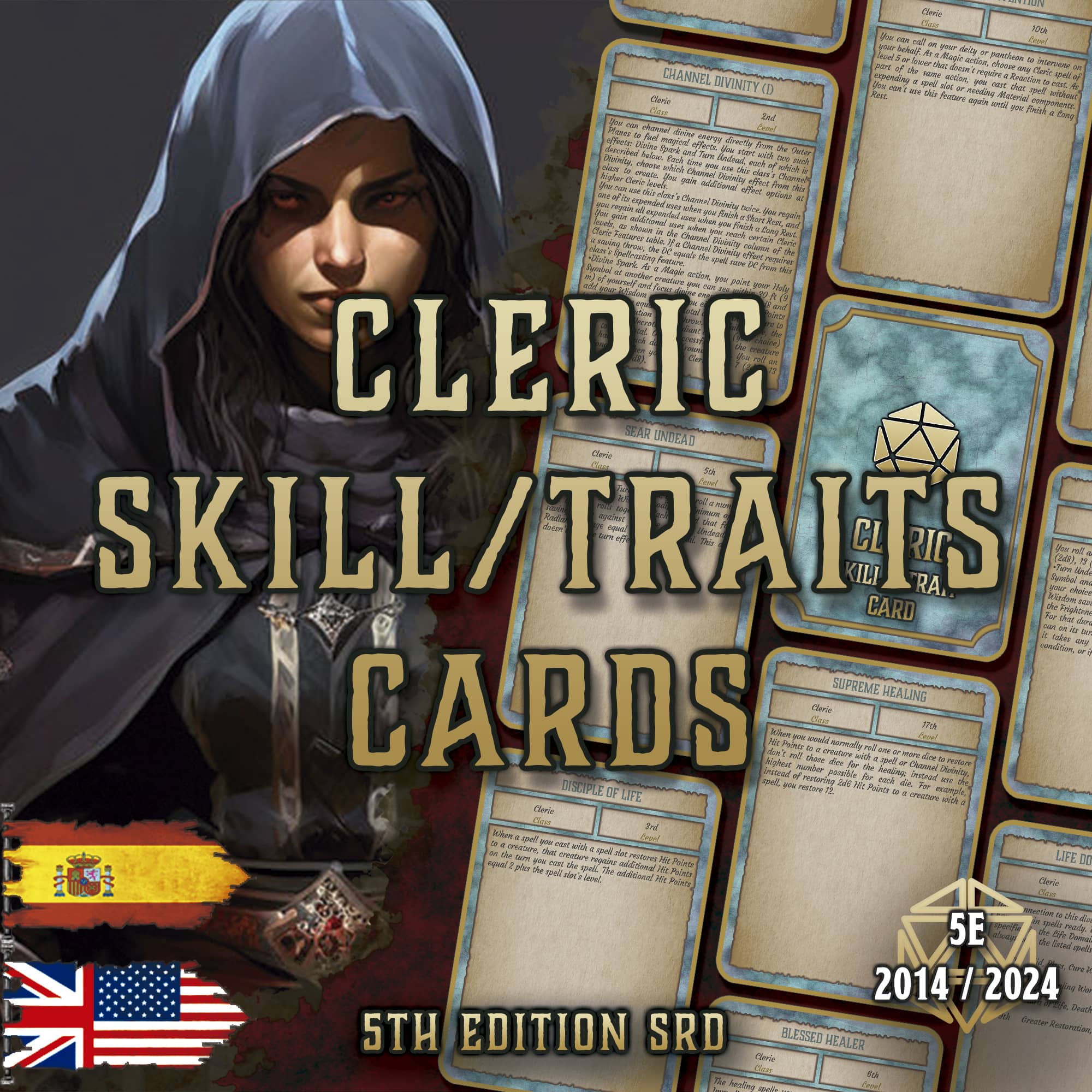 D&D 5E Cleric Skill & Traits Cards (2014 & 2024) | Digital Download