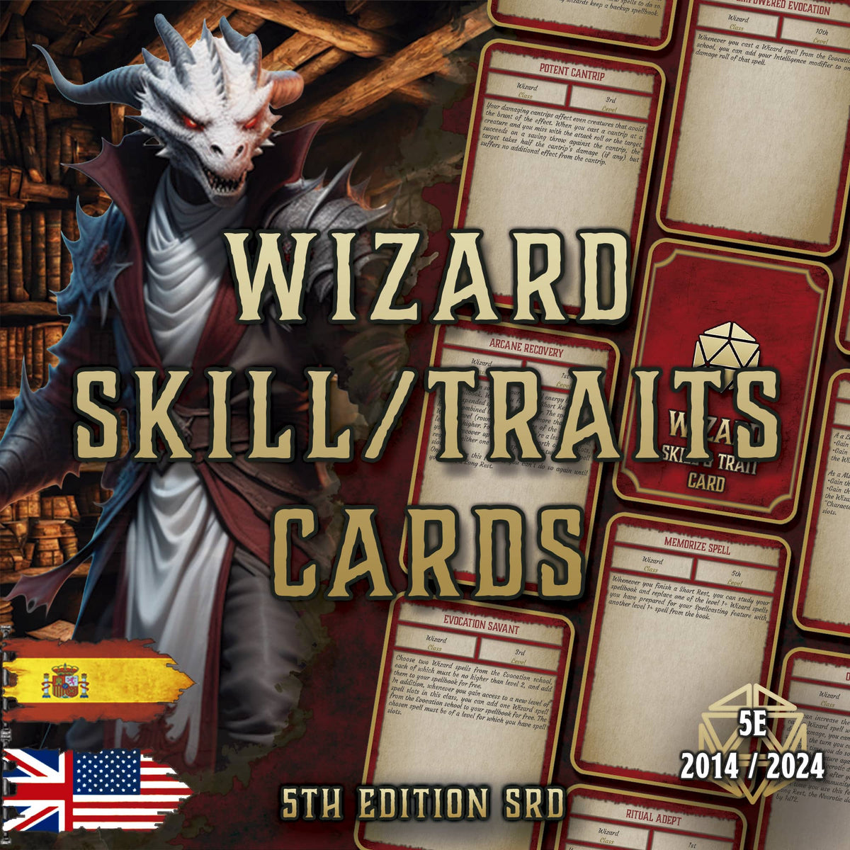 D&D 5E Wizard Skill & Traits Cards (2014 & 2024) | Digital Download