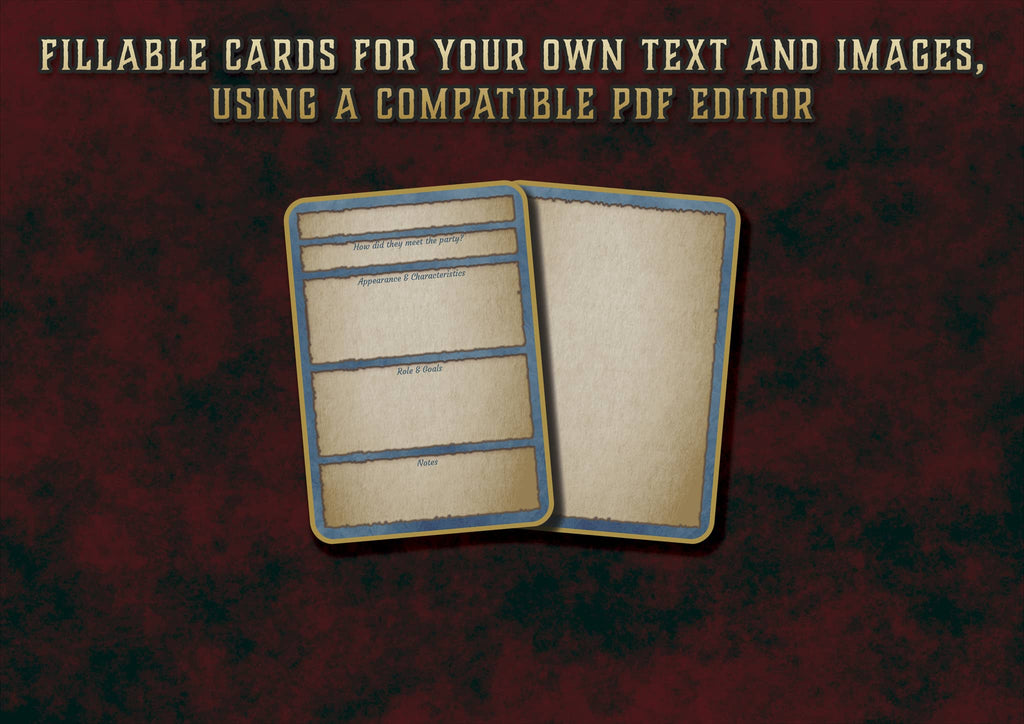 Cartas Editables PNJ D&D 5E para personalizar texto e imágenes en PDF