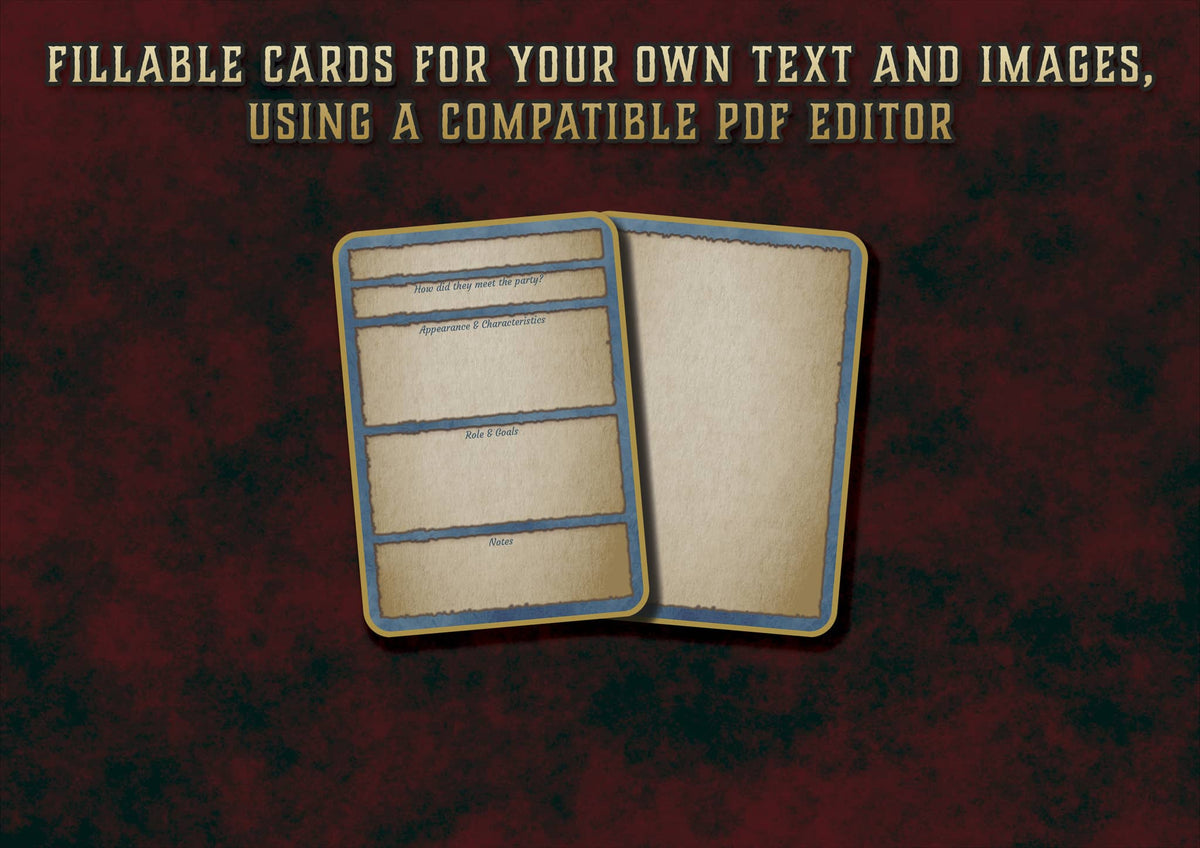 Cartas Editables PNJ D&D 5E para personalizar texto e imágenes en PDF