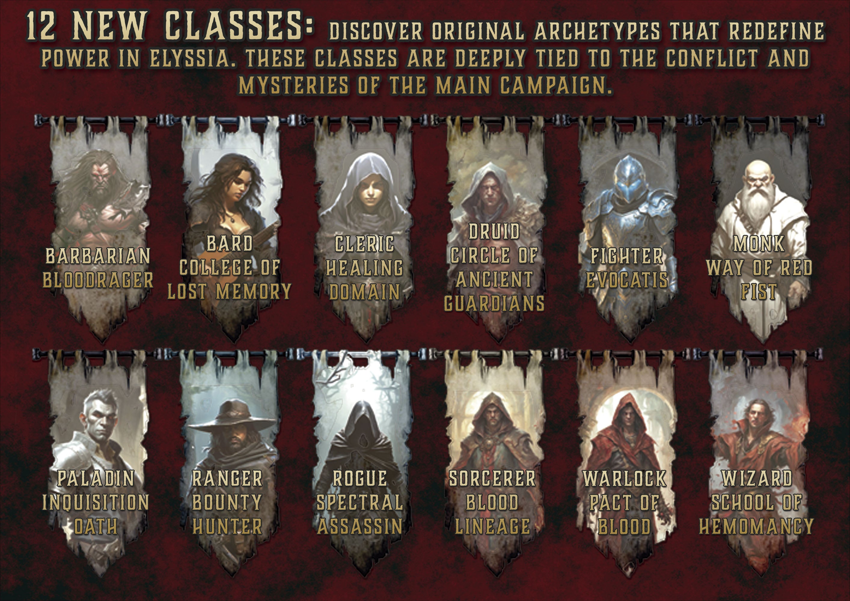 Producto digital Cibola Designs mostrando banner con 12 nuevas clases de fantasia y retratos de personajes