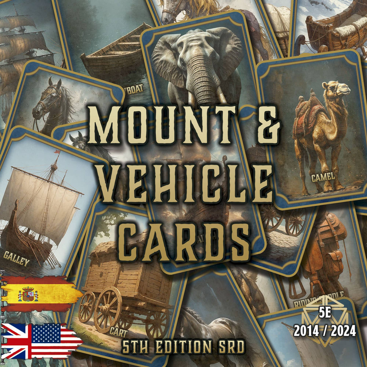 Cartas Vehiculos D&D 5E con imágenes de vehículos y monturas para juegos de mesa