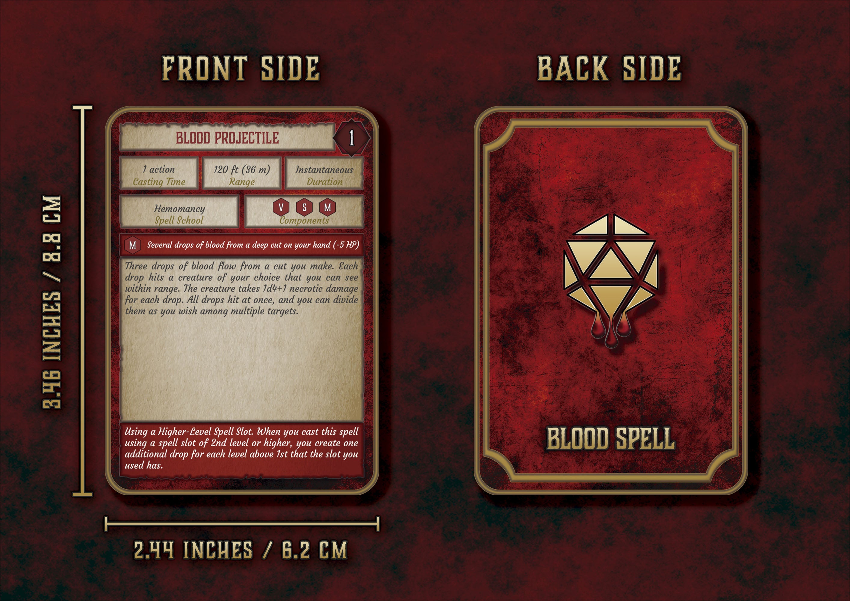 Tarjeta digital Blood Spell rostro y reverso diseno rojo con icono de dado y texto de magia por Cibola Designs