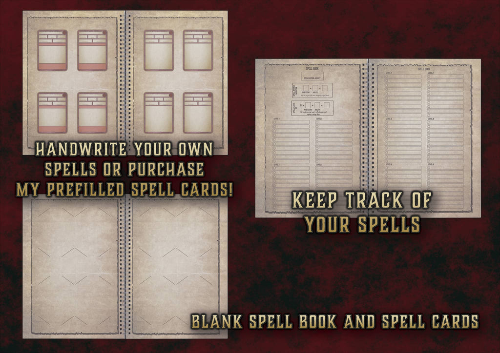 Diario largo de personaje D&D 5E para registrar hechizos y habilidades de manera organizada