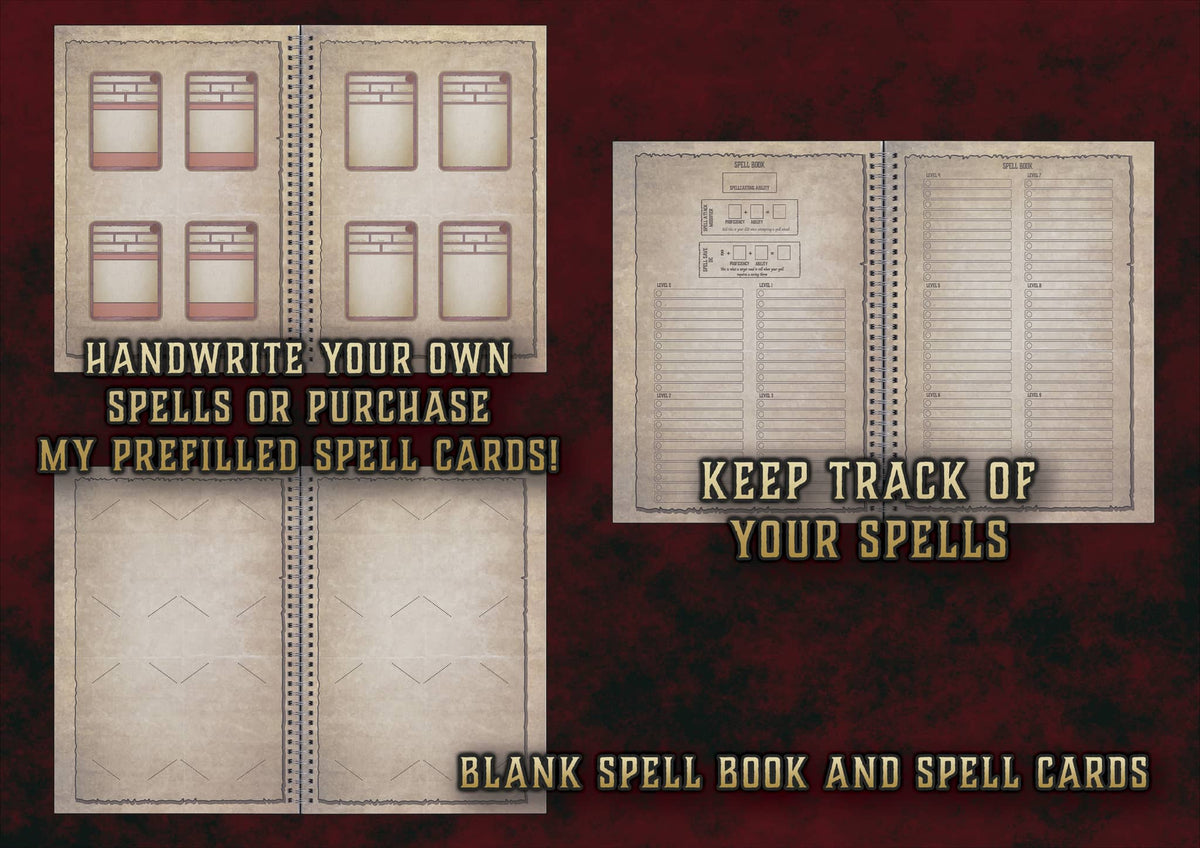 Diario largo de personaje D&D 5E para registrar hechizos y habilidades de manera organizada