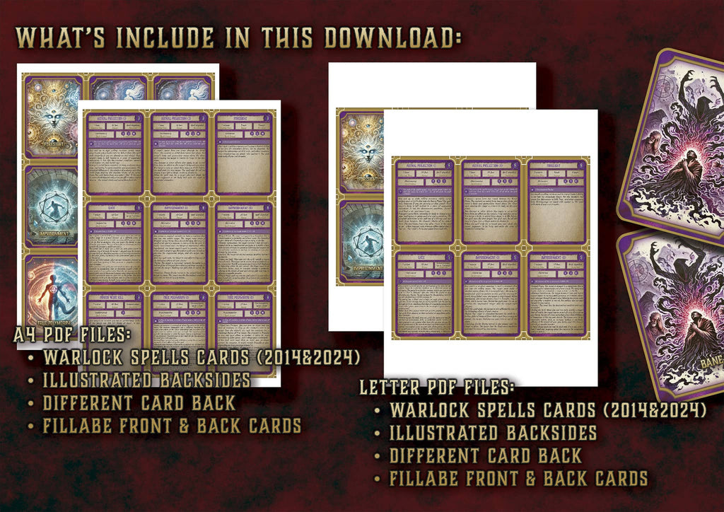 Cartas Ilustradas de Conjuros de Brujo D&D 5E (2014 y 2024) | Descarga Digital