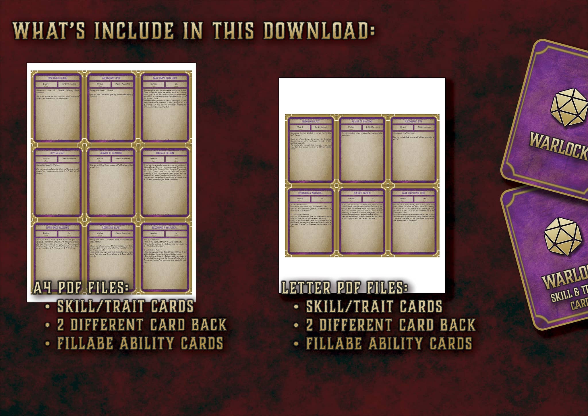 D&D 5E Warlock Skill & Traits Cards (2014 & 2024) | Digital Download