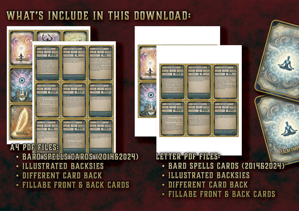 Cartas Ilustradas de Conjuros de Bardo D&D 5E (2014 y 2024) | Descarga Digital