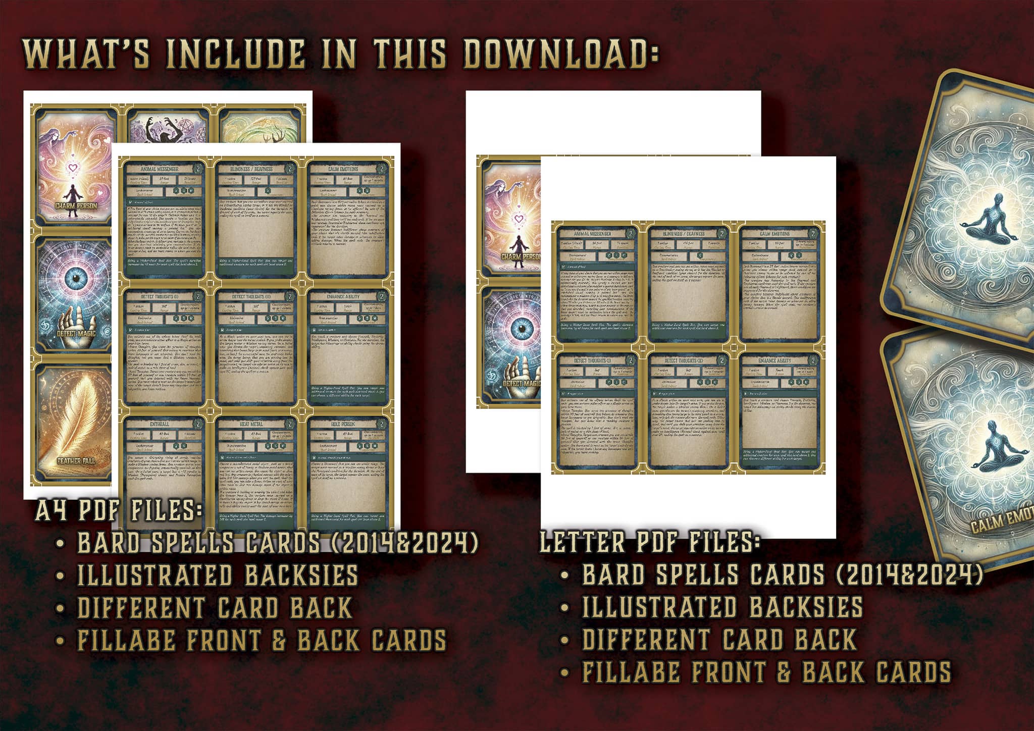 Cartas Ilustradas de Conjuros de Bardo D&D 5E (2014 y 2024) | Descarga Digital