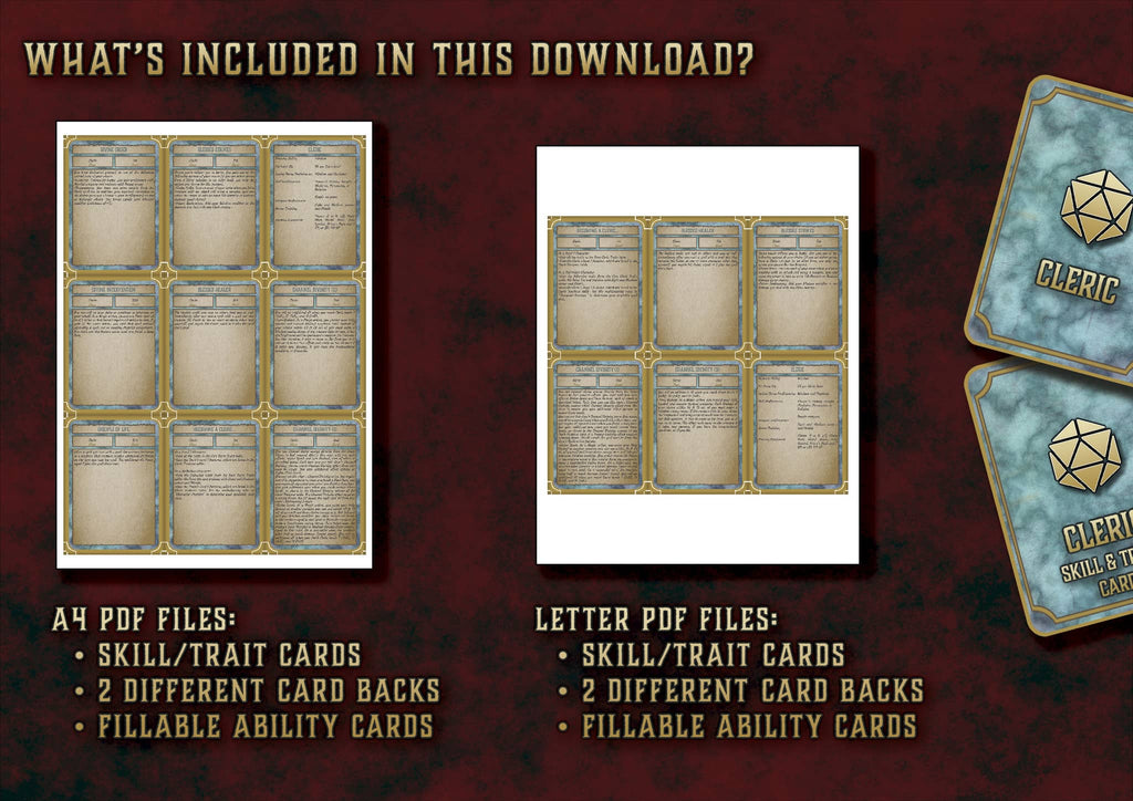 D&D 5E Cleric Skill & Traits Cards (2014 & 2024) | Digital Download