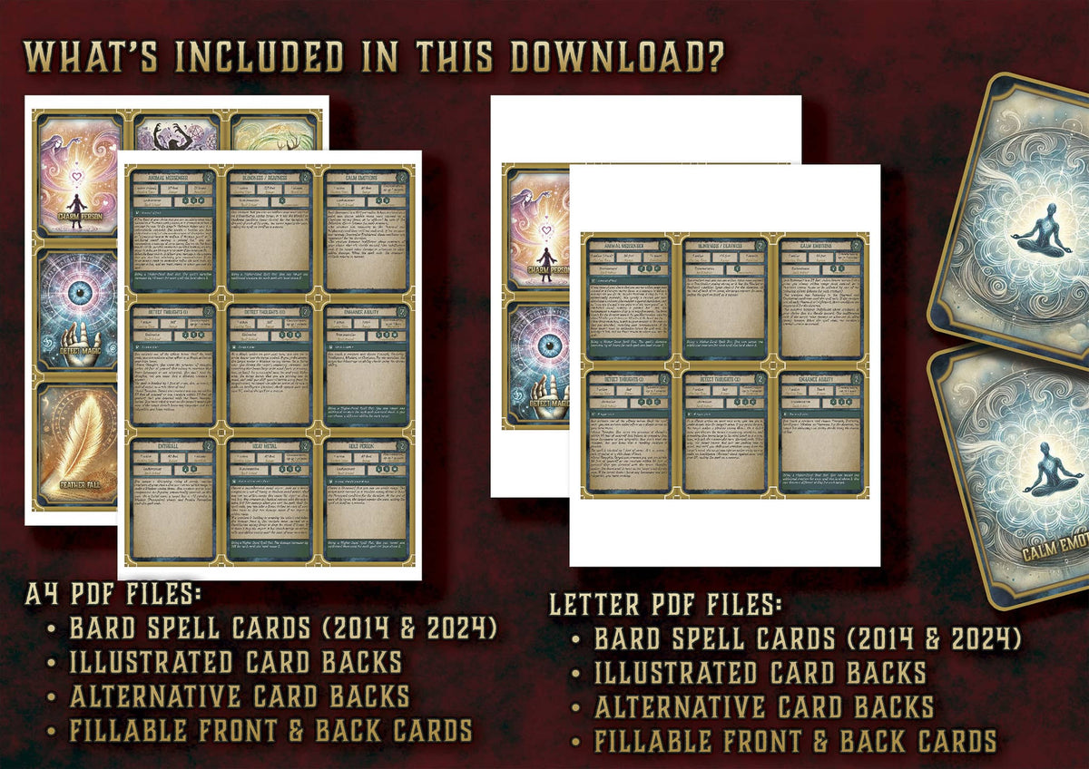 Cartas Ilustradas de Conjuros de Bardo D&D 5E (2014 y 2024) | Descarga Digital