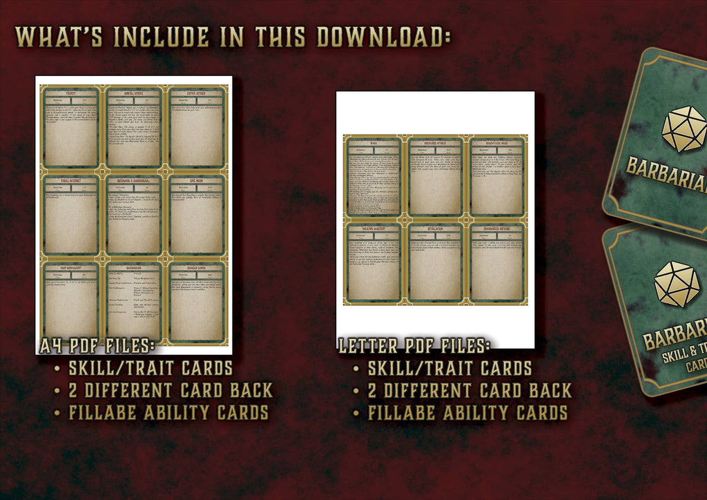Cartas de Rasgos y Habilidades del Bárbaro D&D 5E (2014 y 2024) | Descarga Digital