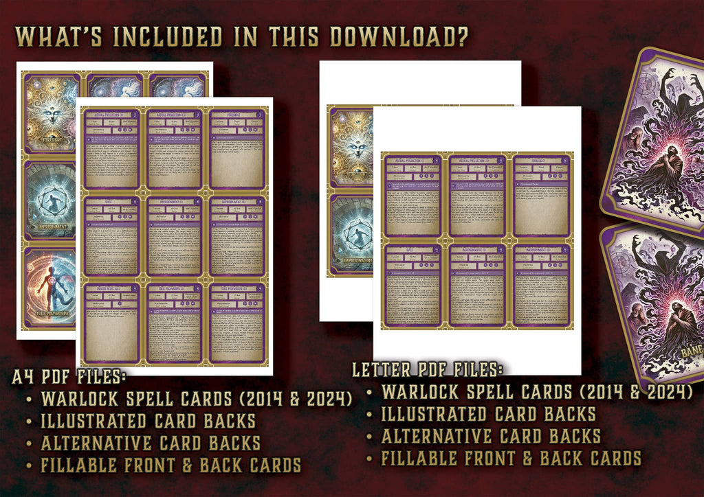 Cartas Ilustradas de Conjuros de Brujo D&D 5E (2014 y 2024) | Descarga Digital