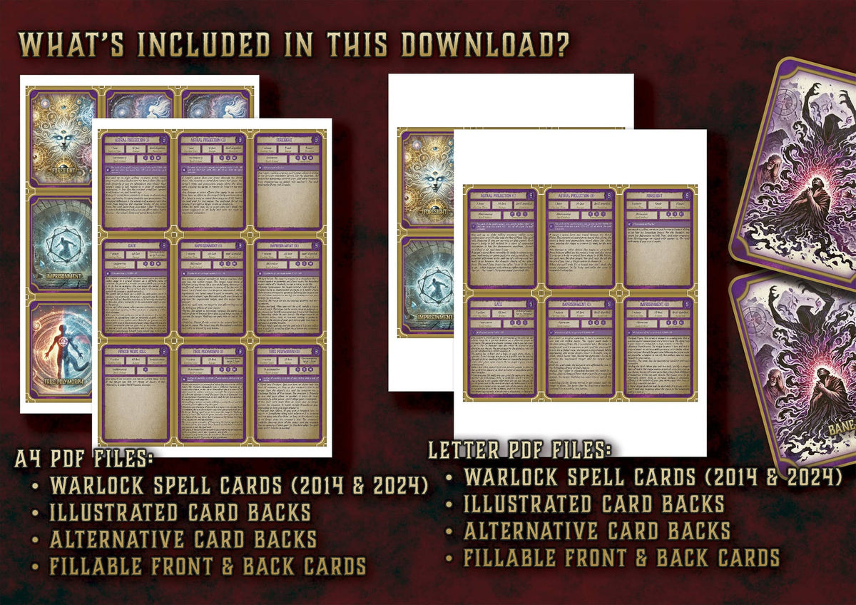 Cartas Ilustradas de Conjuros de Brujo D&D 5E (2014 y 2024) | Descarga Digital