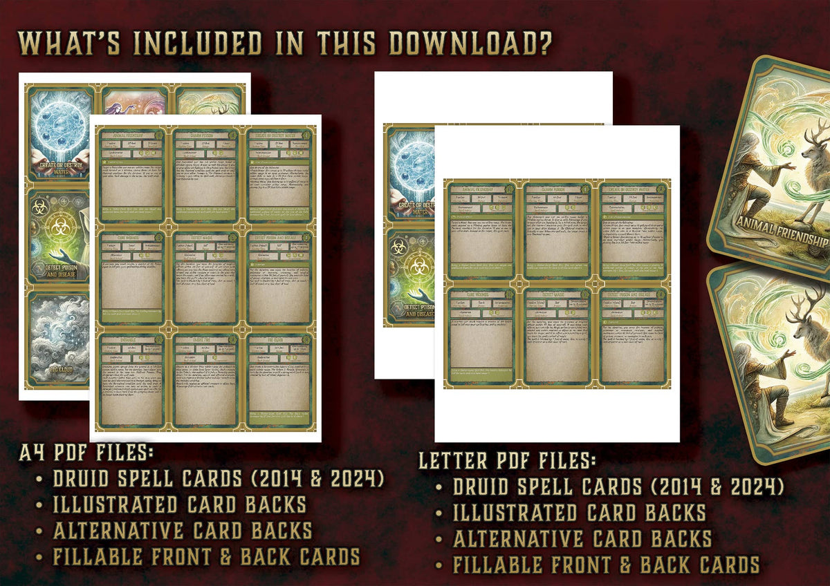 Cartas Ilustradas de Conjuros de Druida D&D 5E (2014 y 2024) | Descarga Digital