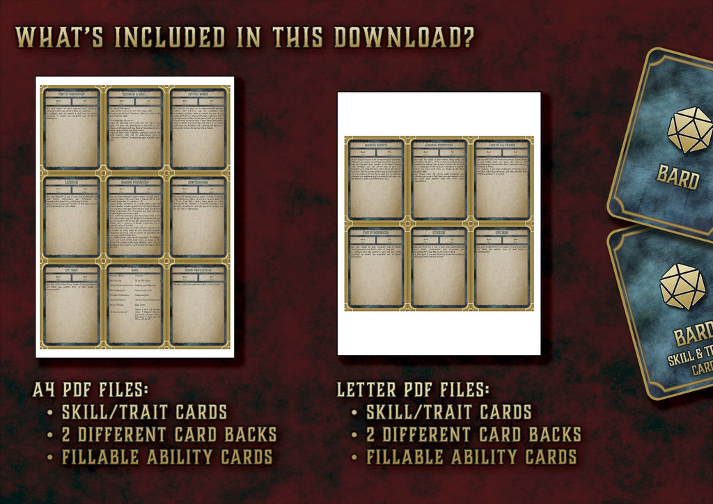 D&D 5E Bard Skill & Traits Cards (2014 & 2024) | Digital Download