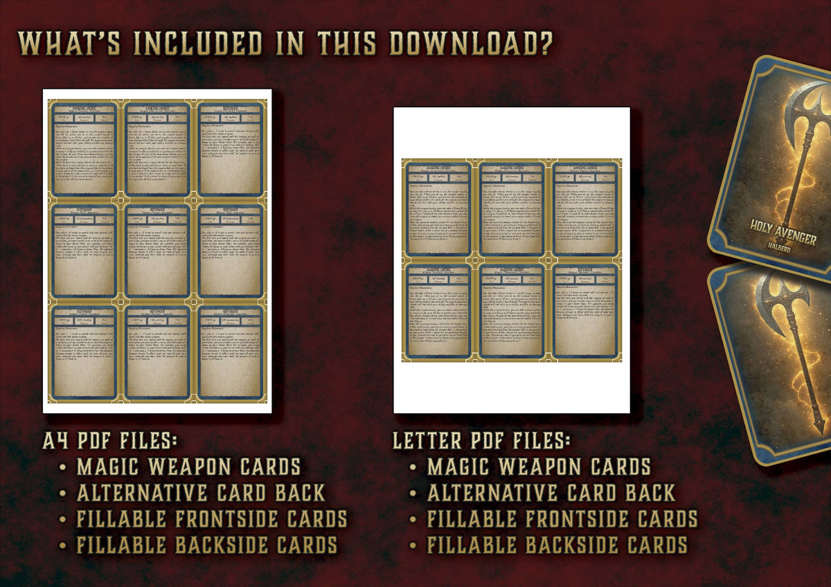 Producto digital Cartas Armas Magicas para D&D 5E con archivos PDF imprimibles