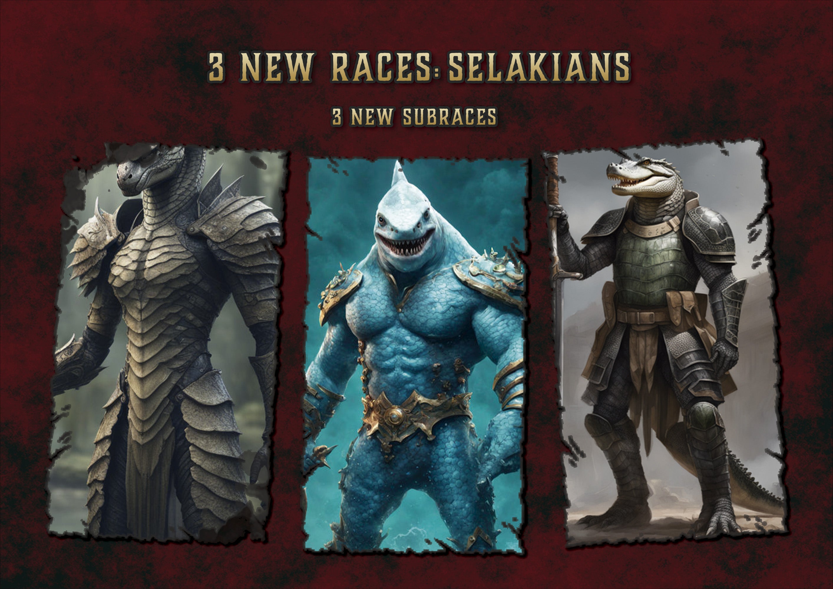 Producto digital Cibola Designs cartel con tres Selakians armados en armaduras mostrando tres subrazas acuaticas y reptilianas